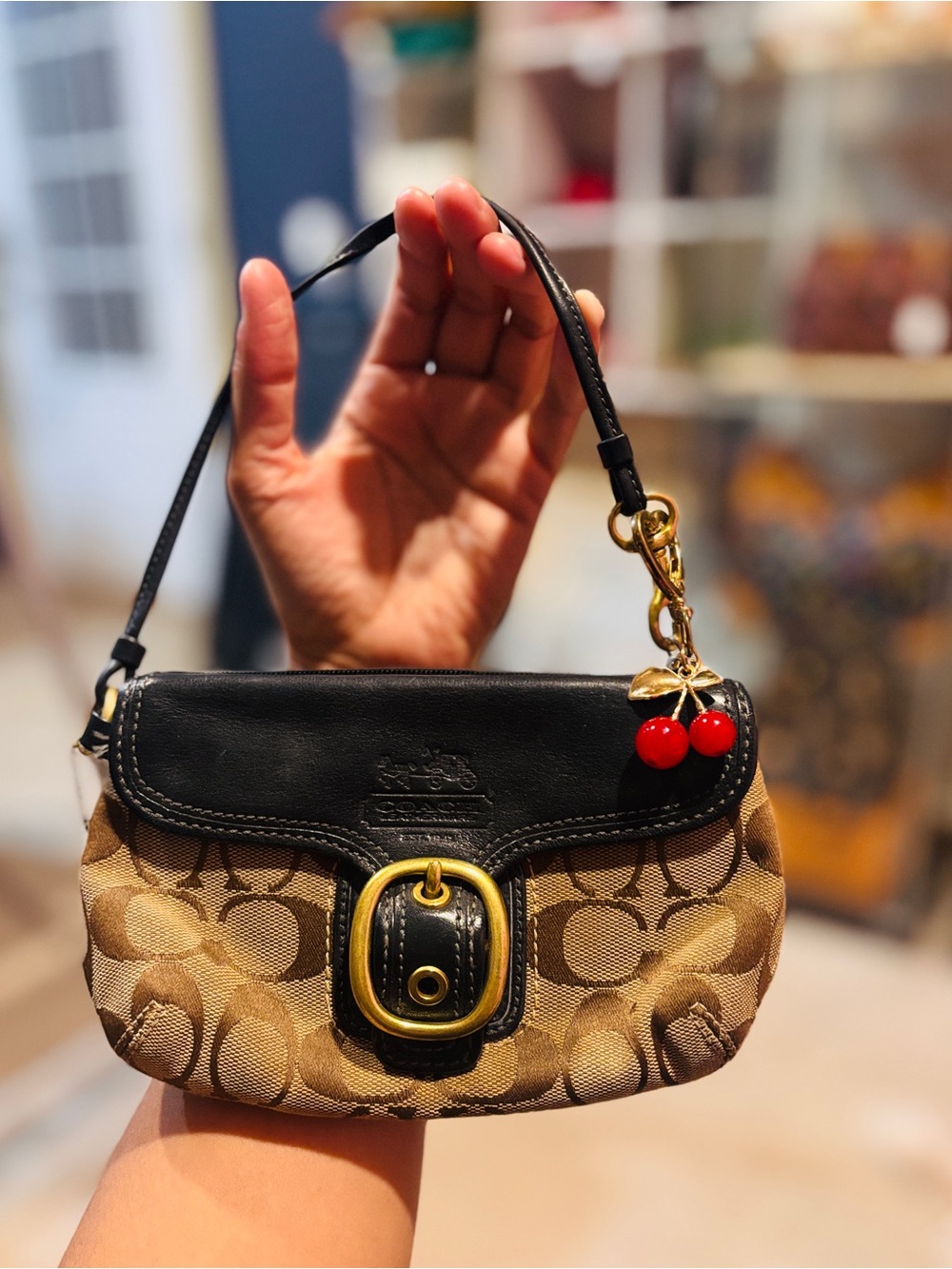 Coach Mini Shoulder Bag in Tan and Black with Cherry Charm